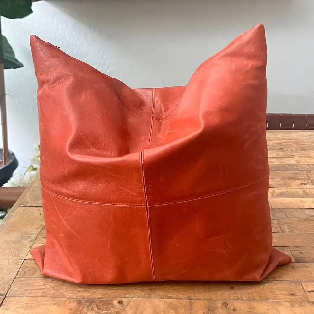 Pottery Barn Throw Pillow 17 x 17in 100% Genuine Leather Burnt Orange Color